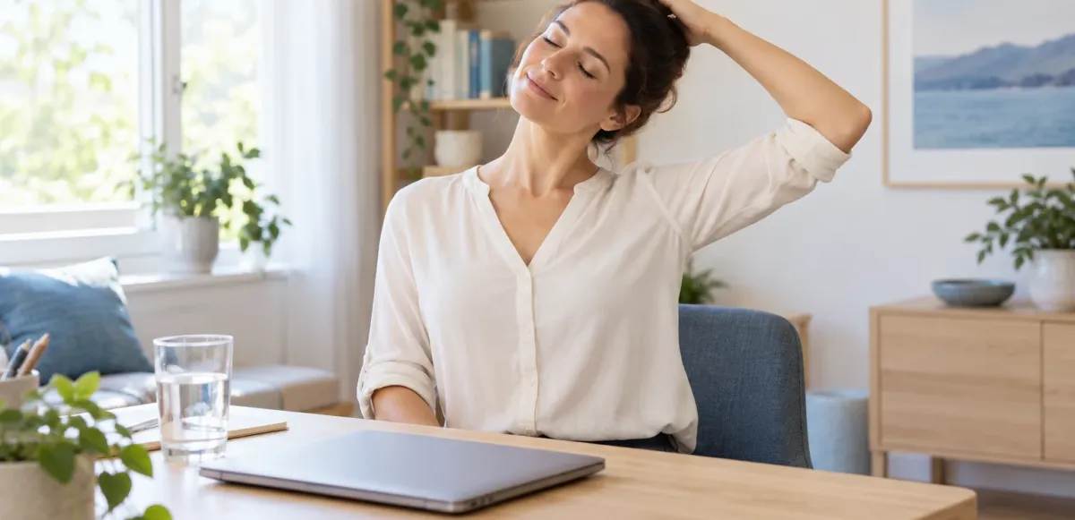Mujer realizando una pausa de movimiento junto a su escritorio