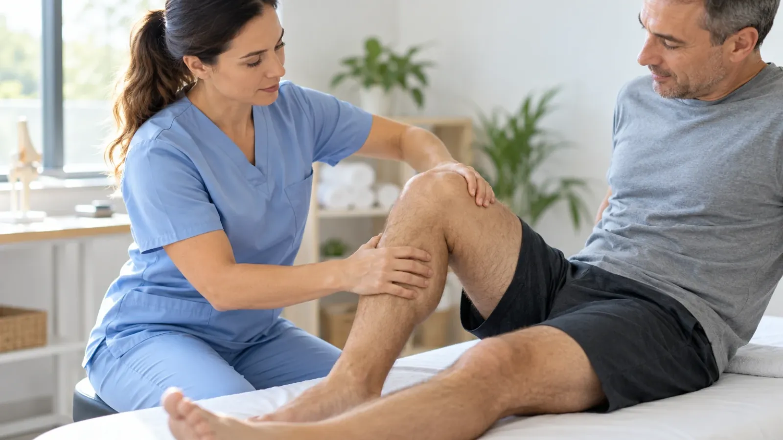 Fisioterapeuta valorando la movilidad de una rodilla