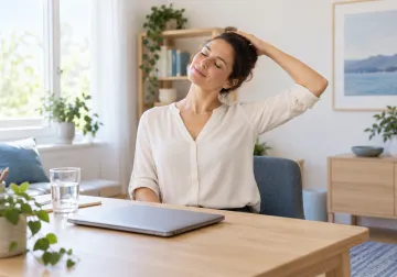 Mujer realizando una pausa de movimiento junto a su escritorio