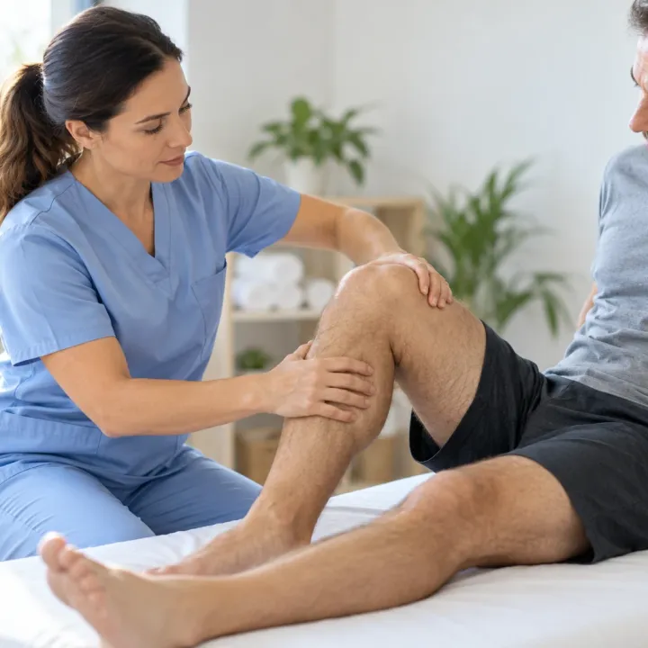 Fisioterapeuta valorando la movilidad de una rodilla